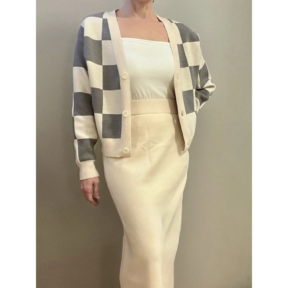 Willow‎ And Wind XS Checkered Cardigan Ivory/grey. Valentine's Girly Slay Crop - Picture 9 of 16